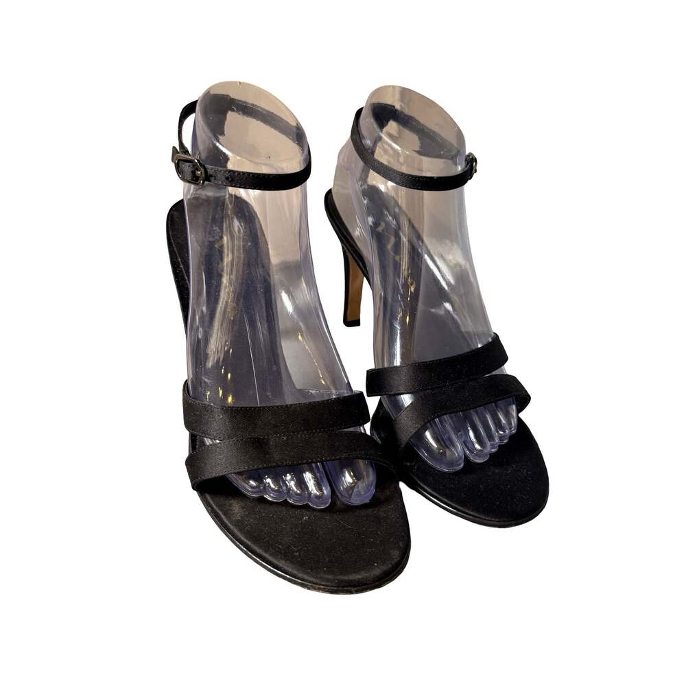 Nina Black Satin Heeled Sandals with Double Straps size 9